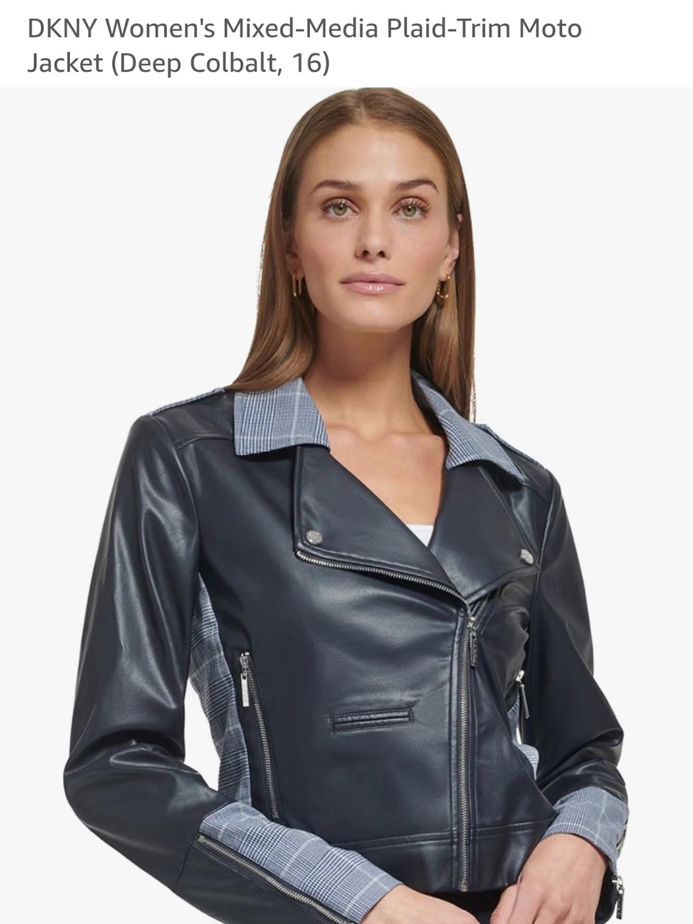 DKNY Navy Faux-Leather Mixed-Media Moto Jacket with Plaid Trim